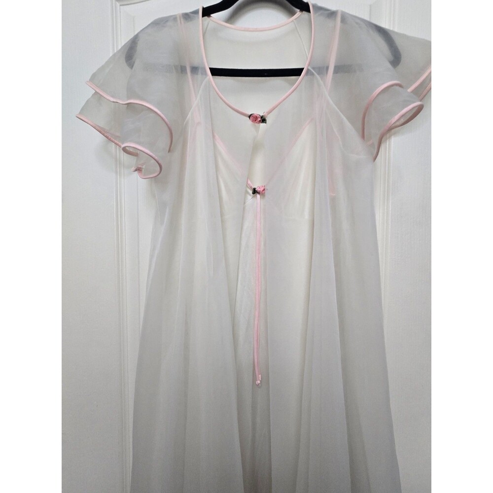 Vintage 2 Piece VAL MODE White Nylon Chiffon PEIGNOIR Robe & Nightgown - SMALL
